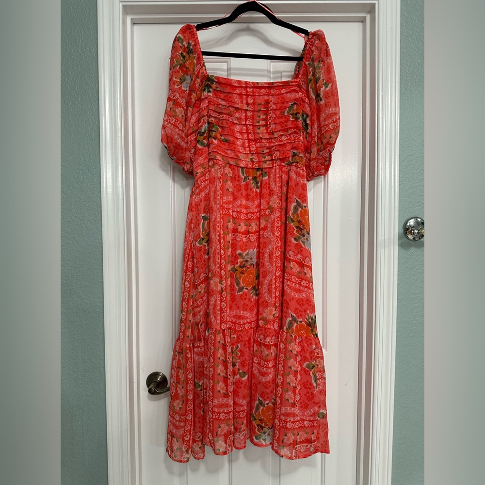 LC Lauren Conrad Coral Puff Sleeve Maxi Sundress with pockets